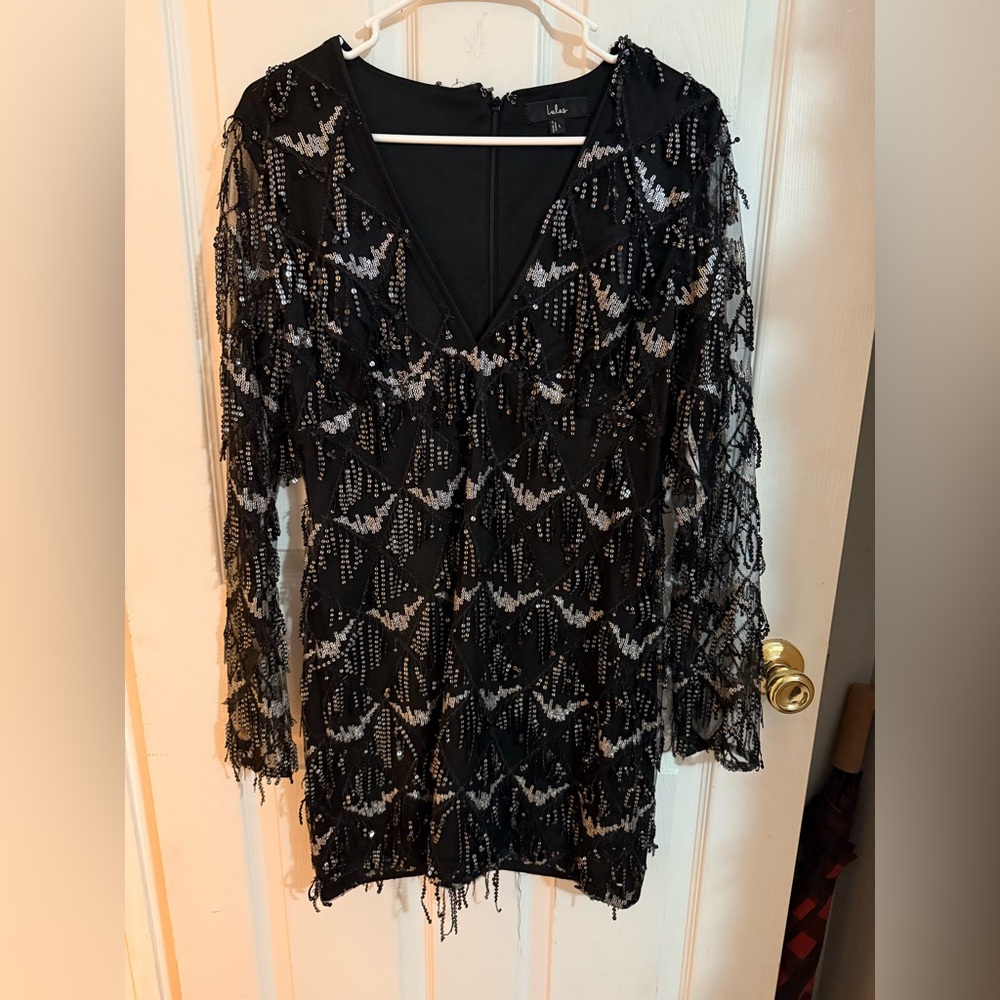 Lulu's Playful Composure Black Fringe Sequin Mini Dress